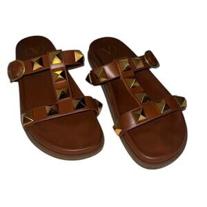 Valentino Garavani Roman Stud Sandals Brown Leather Gold Studs Sz 39